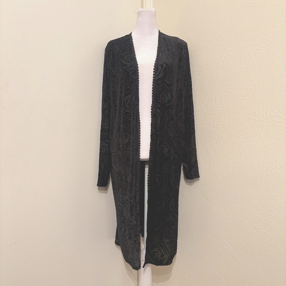 Black Burnout Velvet Rose Duster Cardigan Longline Long Kimono Whimsigoth 3X